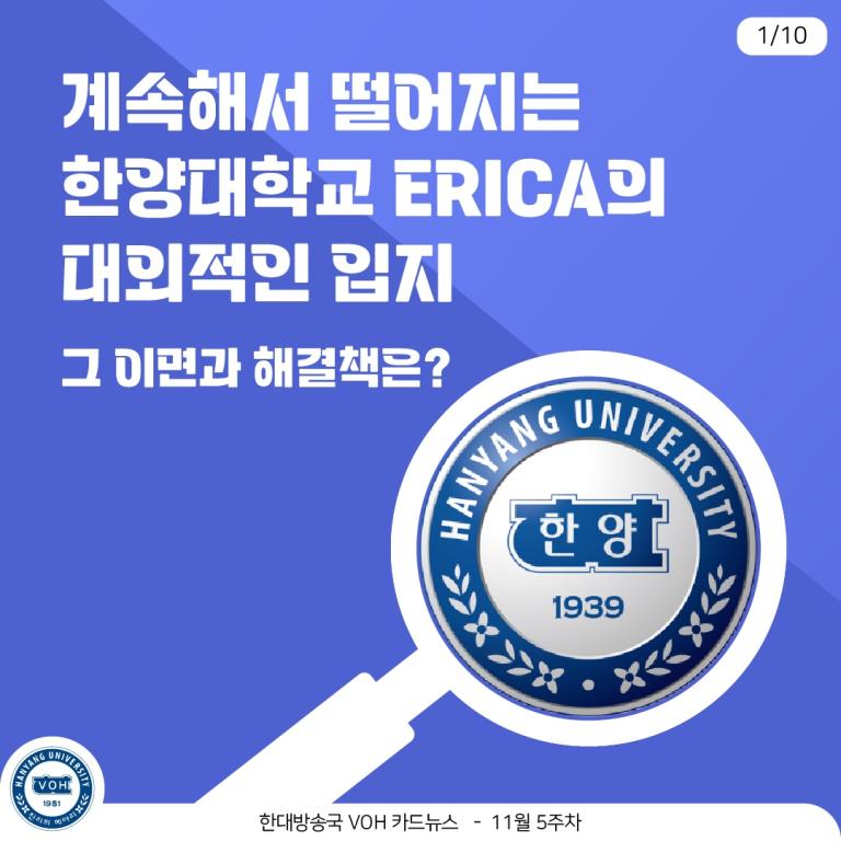 [2023-2] 11월 5주차 카드뉴스: 계속해서 떨어지는 한양대학교 ERICA의 대외적인 입지… 그 이면과 해결책은?